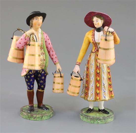 A pair of Chamberlains Worcester porcelain figures of a milkmaid and a milkman, c.1830, 18cm and 17.5cm, some restoration